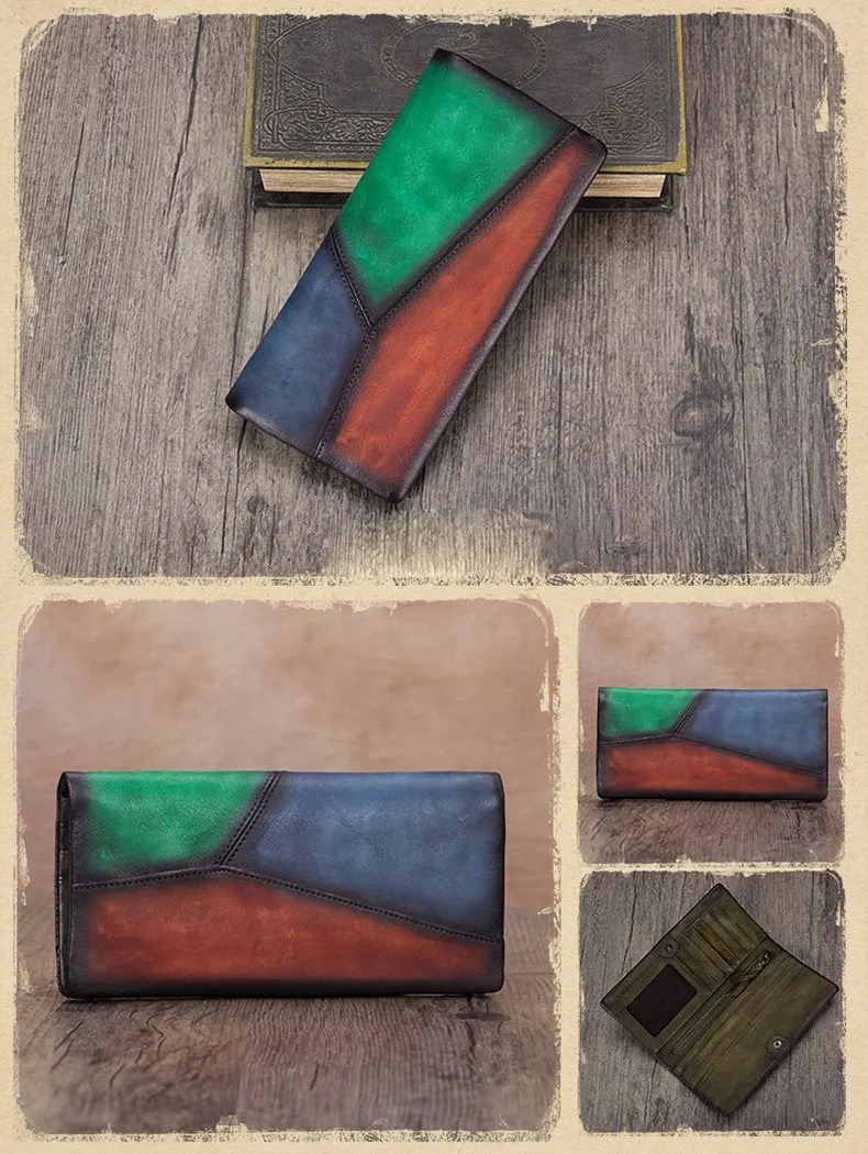 Geometric Womens Leather Long Clutch Wallet Long Wallet Bifold Long Purse for Ladies