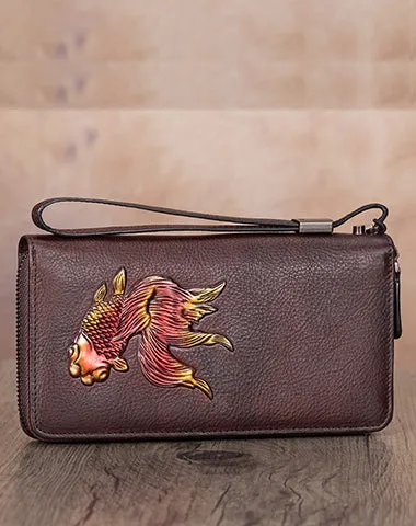 Goldfish Tan Leather Wristlet Wallets Womens Zip Around Wallet Ladies Zipper Clutch Wallets for Women
