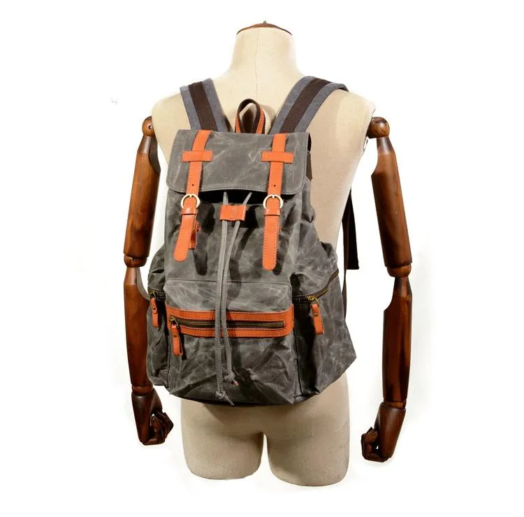 Gray Waxed Canvas Mens Waterproof Large 14???? Hiking Backpack Travel Backpack Computer Backpack College Backpack for Men