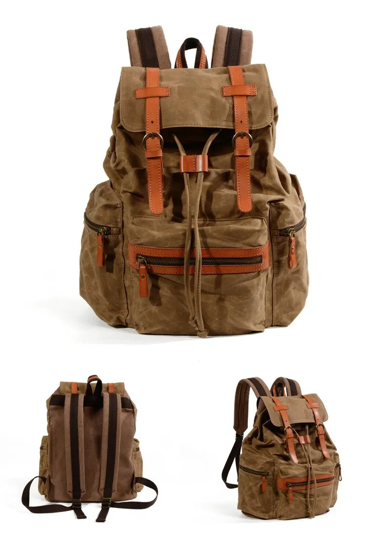 Gray Waxed Canvas Mens Waterproof Large 14???? Hiking Backpack Travel Backpack Computer Backpack College Backpack for Men