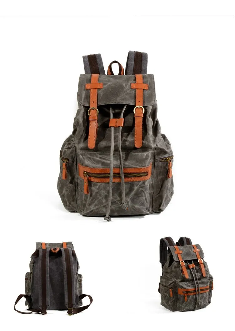 Gray Waxed Canvas Mens Waterproof Large 14???? Hiking Backpack Travel Backpack Computer Backpack College Backpack for Men