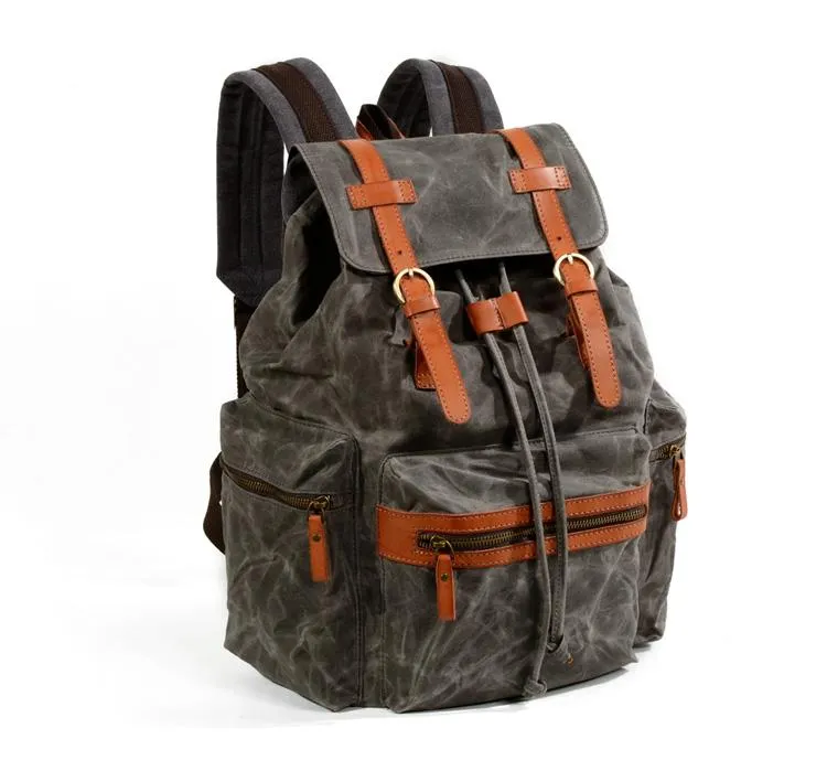 Gray Waxed Canvas Mens Waterproof Large 14???? Hiking Backpack Travel Backpack Computer Backpack College Backpack for Men
