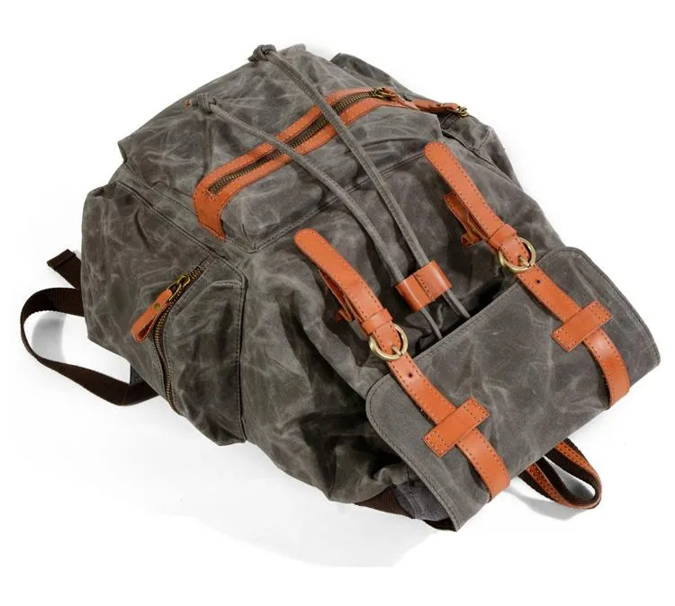 Gray Waxed Canvas Mens Waterproof Large 14???? Hiking Backpack Travel Backpack Computer Backpack College Backpack for Men