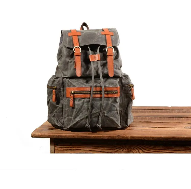 Gray Waxed Canvas Mens Waterproof Large 14???? Hiking Backpack Travel Backpack Computer Backpack College Backpack for Men