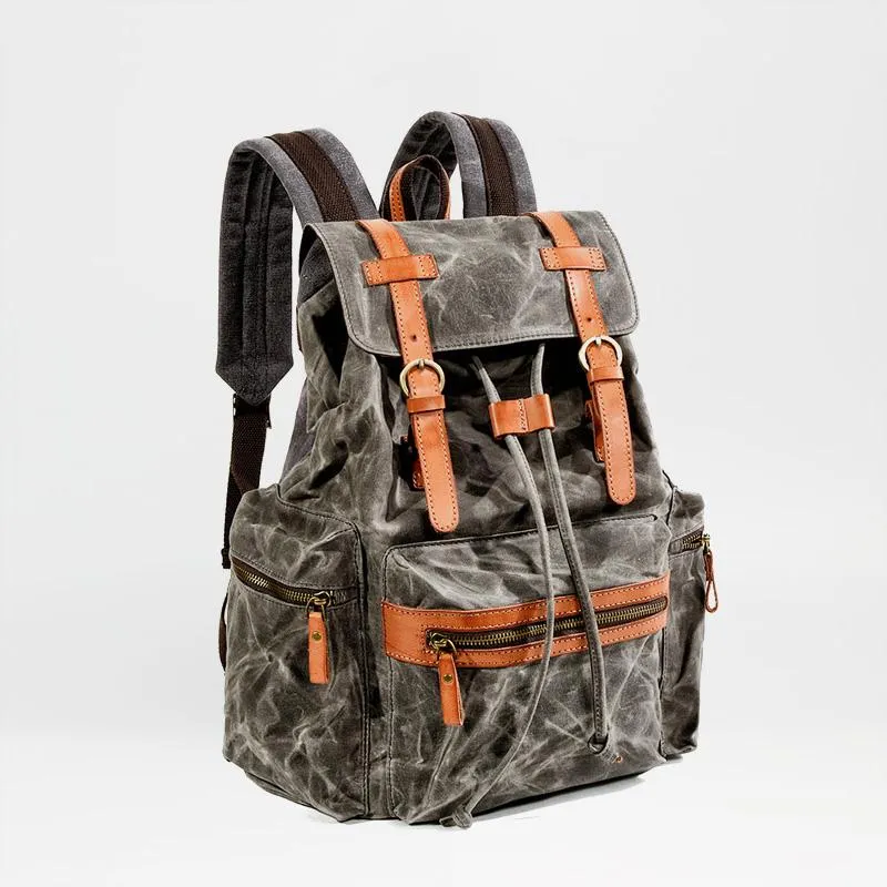 Gray Waxed Canvas Mens Waterproof Large 14???? Hiking Backpack Travel Backpack Computer Backpack College Backpack for Men