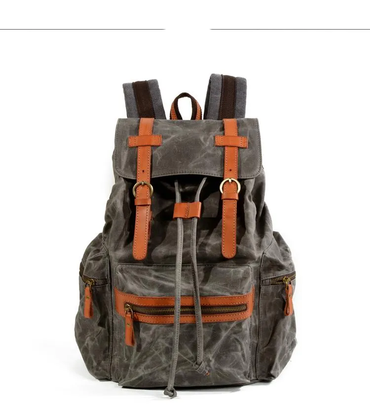 Gray Waxed Canvas Mens Waterproof Large 14???? Hiking Backpack Travel Backpack Computer Backpack College Backpack for Men