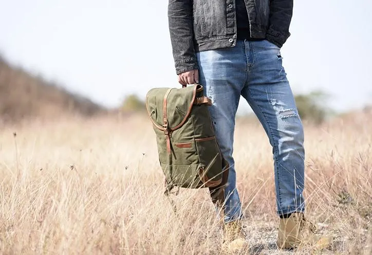Green Canvas Mens Cool Backpack Large Travel Backpack Canvas Hiking Backpack for Men