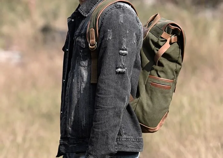 Green Canvas Mens Cool Backpack Large Travel Backpack Canvas Hiking Backpack for Men