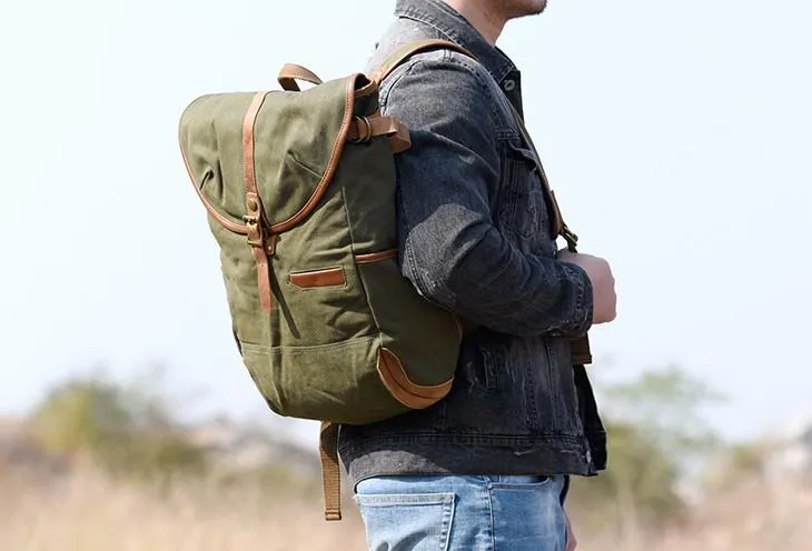 Green Canvas Mens Cool Backpack Large Travel Backpack Canvas Hiking Backpack for Men
