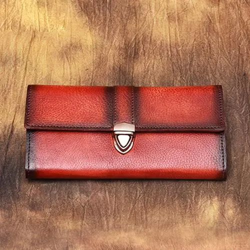 Green Vintage Folded WOmens Leather Long Wallet Red Clutch Bags Purses for Ladies