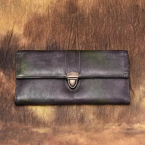 Green Vintage Folded WOmens Leather Long Wallet Red Clutch Bags Purses for Ladies