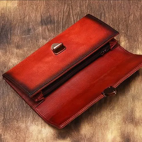 Green Vintage Folded WOmens Leather Long Wallet Red Clutch Bags Purses for Ladies