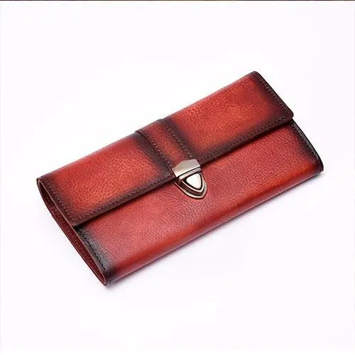 Green Vintage Folded WOmens Leather Long Wallet Red Clutch Bags Purses for Ladies