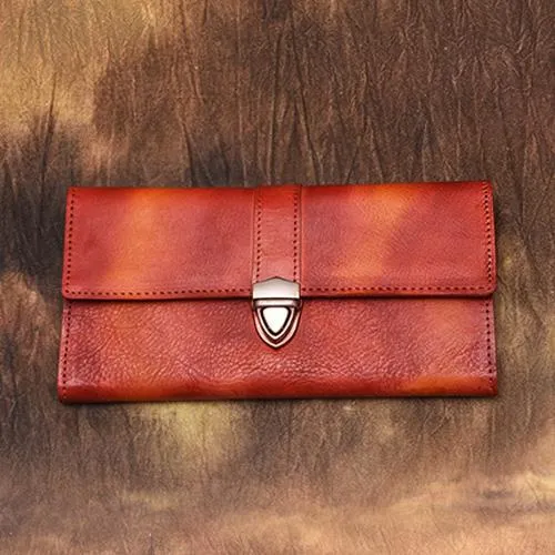 Green Vintage Folded WOmens Leather Long Wallet Red Clutch Bags Purses for Ladies