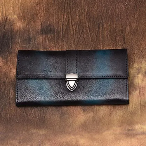 Green Vintage Folded WOmens Leather Long Wallet Red Clutch Bags Purses for Ladies