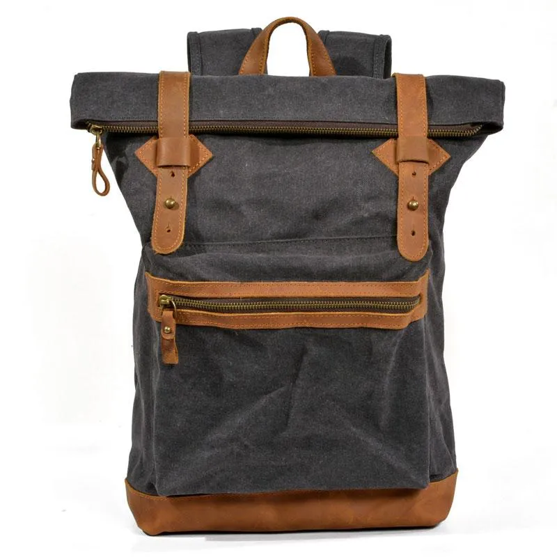 Green Waxed Canvas Leather Mens Cool Backpack Canvas Travel Backpack Canvas School Backpack for Men