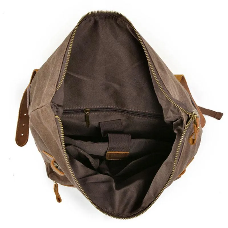 Green Waxed Canvas Leather Mens Cool Backpack Canvas Travel Backpack Canvas School Backpack for Men