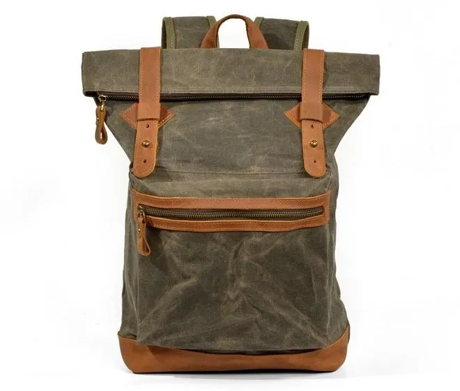 Green Waxed Canvas Leather Mens Cool Backpack Canvas Travel Backpack Canvas School Backpack for Men