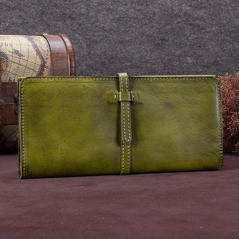 Green Womens Leather Slim Long Wallet Bifold Leather Wallet Brown Womens Long Purse for Ladies