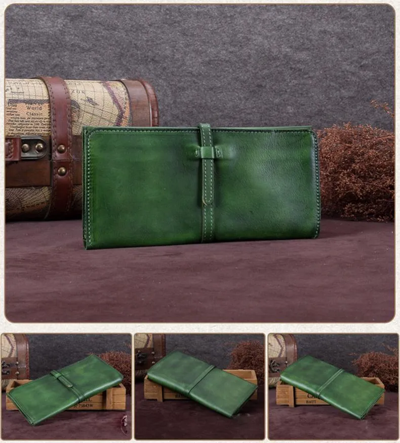 Green Womens Leather Slim Long Wallet Bifold Leather Wallet Brown Womens Long Purse for Ladies