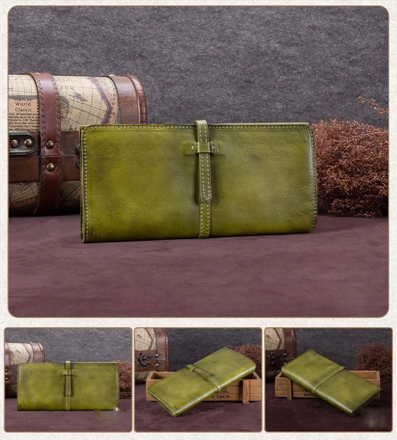 Green Womens Leather Slim Long Wallet Bifold Leather Wallet Brown Womens Long Purse for Ladies