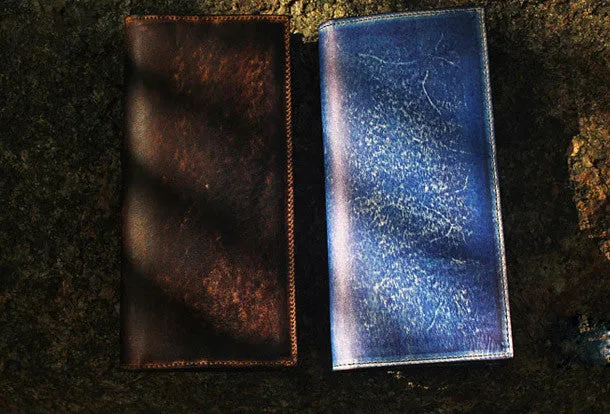 Handcraft vintage distress blue leather hand dyed long wallet for men/women