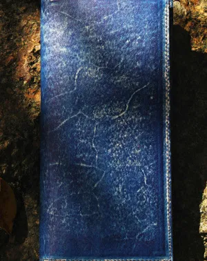Handcraft vintage distress blue leather hand dyed long wallet for men/women