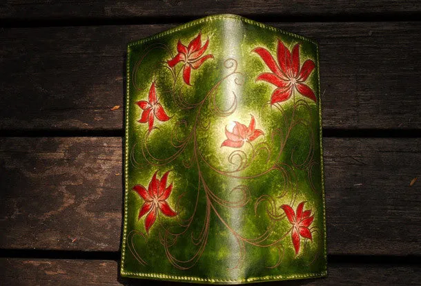 Handcraft vintage distress green floral leather hand dyed long wallet for women lady