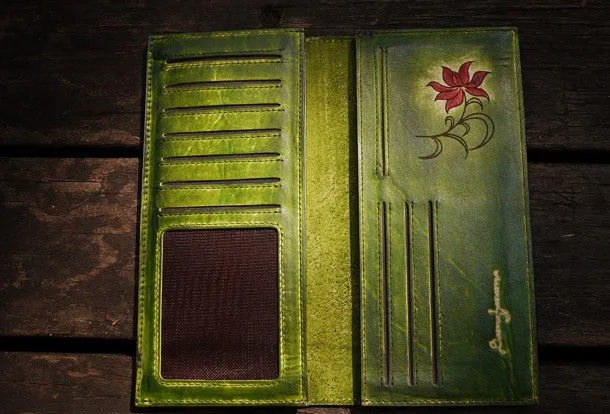 Handcraft vintage distress green floral leather hand dyed long wallet for women lady