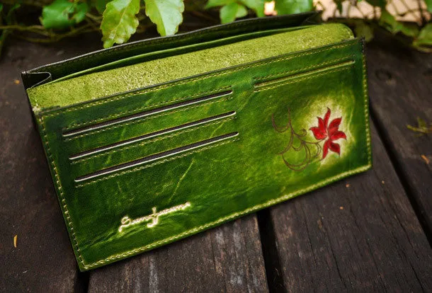 Handcraft vintage distress green floral leather hand dyed long wallet for women lady