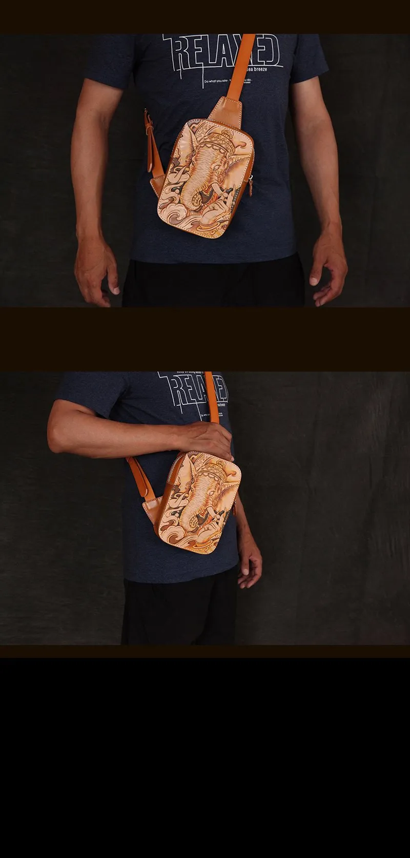 Handmade Beige Ganesha Tooled Leather Sling Bag Chest Bag One Shoulder Backpack For Men
