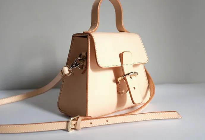 Handmade Beige Leather Box Womens Handbag Shoulder Bag Crossbody Purse for Women