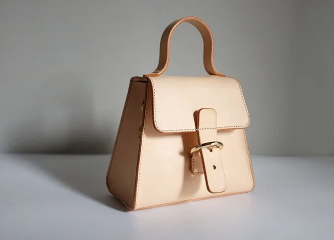 Handmade Beige Leather Box Womens Handbag Shoulder Bag Crossbody Purse for Women