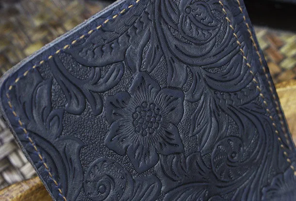 Handmade billfold leather wallet flowral leather billfold wallet for men women