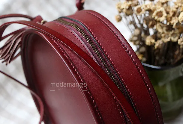 Handmade Black Leather Circle bag for women leather shoulder bag crossbody bag