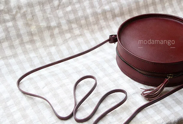 Handmade Black Leather Circle bag for women leather shoulder bag crossbody bag