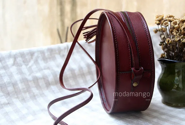 Handmade Black Leather Circle bag for women leather shoulder bag crossbody bag