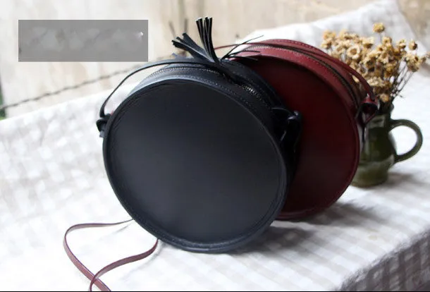 Handmade Black Leather Circle bag for women leather shoulder bag crossbody bag