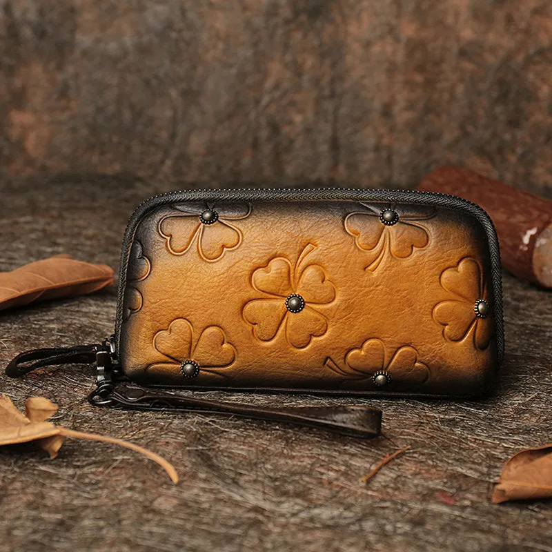 Handmade Clover Leather Wristlet Wallets Womens Zip Around Wallet Ladies Cute Clutch Wallet for Women