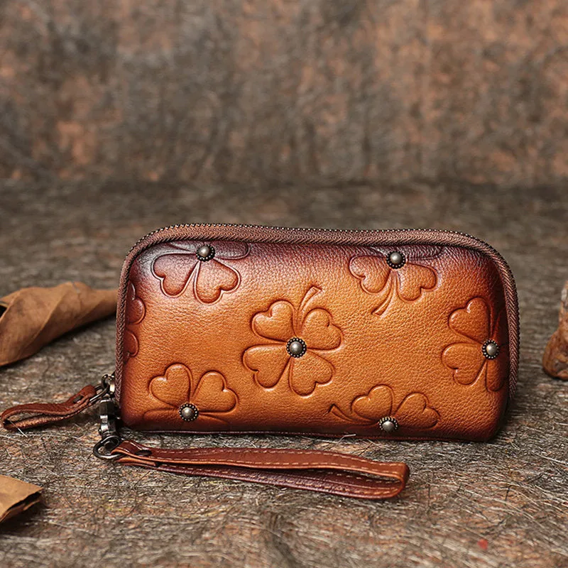 Handmade Clover Leather Wristlet Wallets Womens Zip Around Wallet Ladies Cute Clutch Wallet for Women