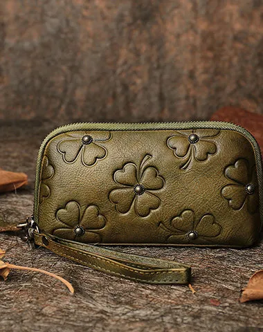 Handmade Clover Leather Wristlet Wallets Womens Zip Around Wallet Ladies Cute Clutch Wallet for Women