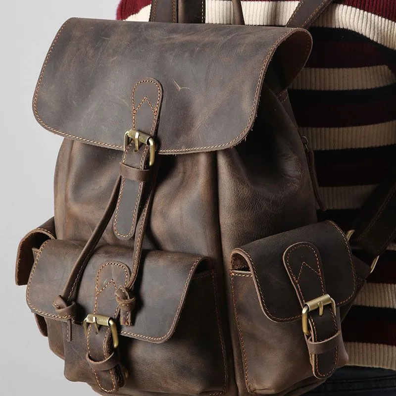 Handmade Coffee Leather Mens Backpacks Large Travel Backpack Hiking Backpack for Men