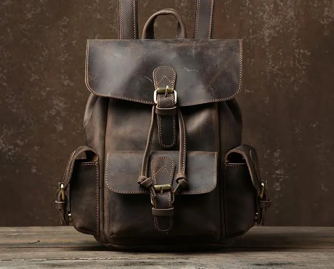 Handmade Coffee Leather Mens Backpacks Large Travel Backpack Hiking Backpack for Men