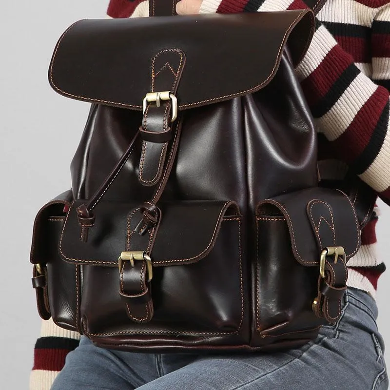Handmade Coffee Leather Mens Backpacks Large Travel Backpack Hiking Backpack for Men
