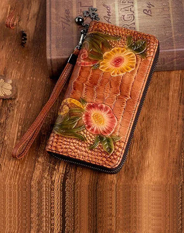 Handmade Floral Coffee Leather Wristlet Wallet Crocodile Pattern Womens Zip Around Wallets Flowers Ladies Zipper Clutch Wallet for Women
