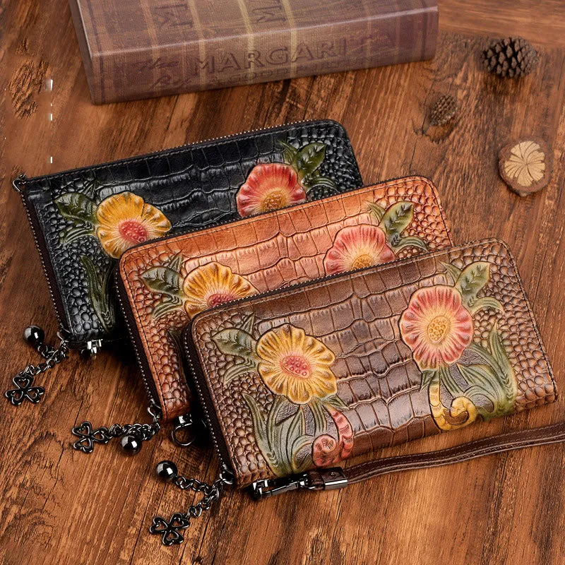 Handmade Floral Coffee Leather Wristlet Wallet Crocodile Pattern Womens Zip Around Wallets Flowers Ladies Zipper Clutch Wallet for Women