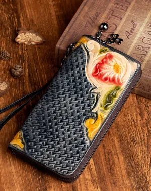 Handmade Flowers Black Leather Wristlet Wallet Womens Floral Zip Around Wallets Flowers Ladies Zipper Clutch Wallet for Women