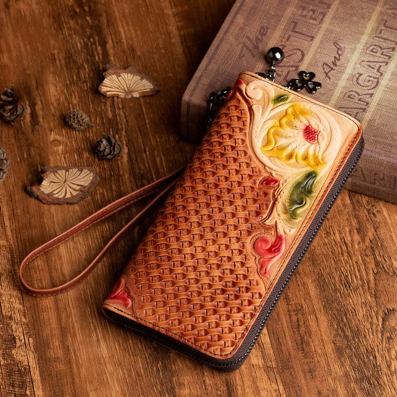 Handmade Flowers Black Leather Wristlet Wallet Womens Floral Zip Around Wallets Flowers Ladies Zipper Clutch Wallet for Women