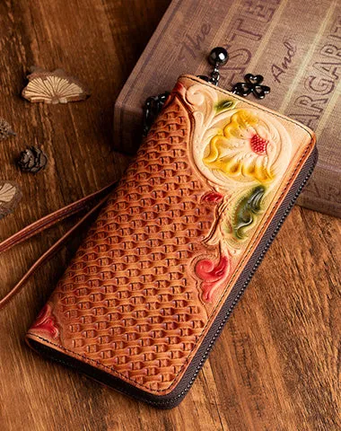 Handmade Flowers Black Leather Wristlet Wallet Womens Floral Zip Around Wallets Flowers Ladies Zipper Clutch Wallet for Women