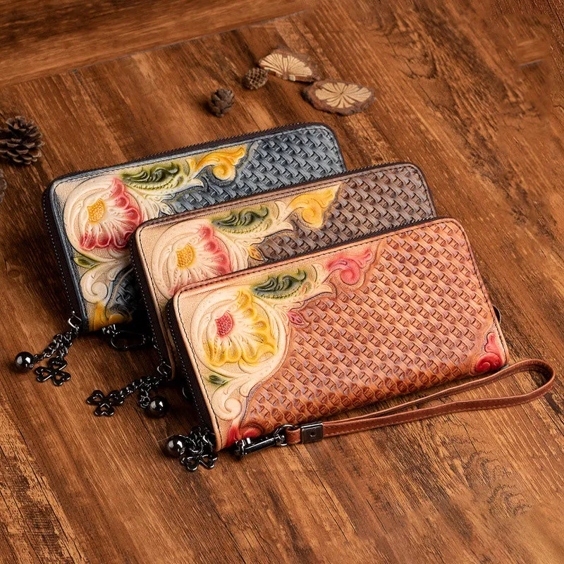Handmade Flowers Black Leather Wristlet Wallet Womens Floral Zip Around Wallets Flowers Ladies Zipper Clutch Wallet for Women